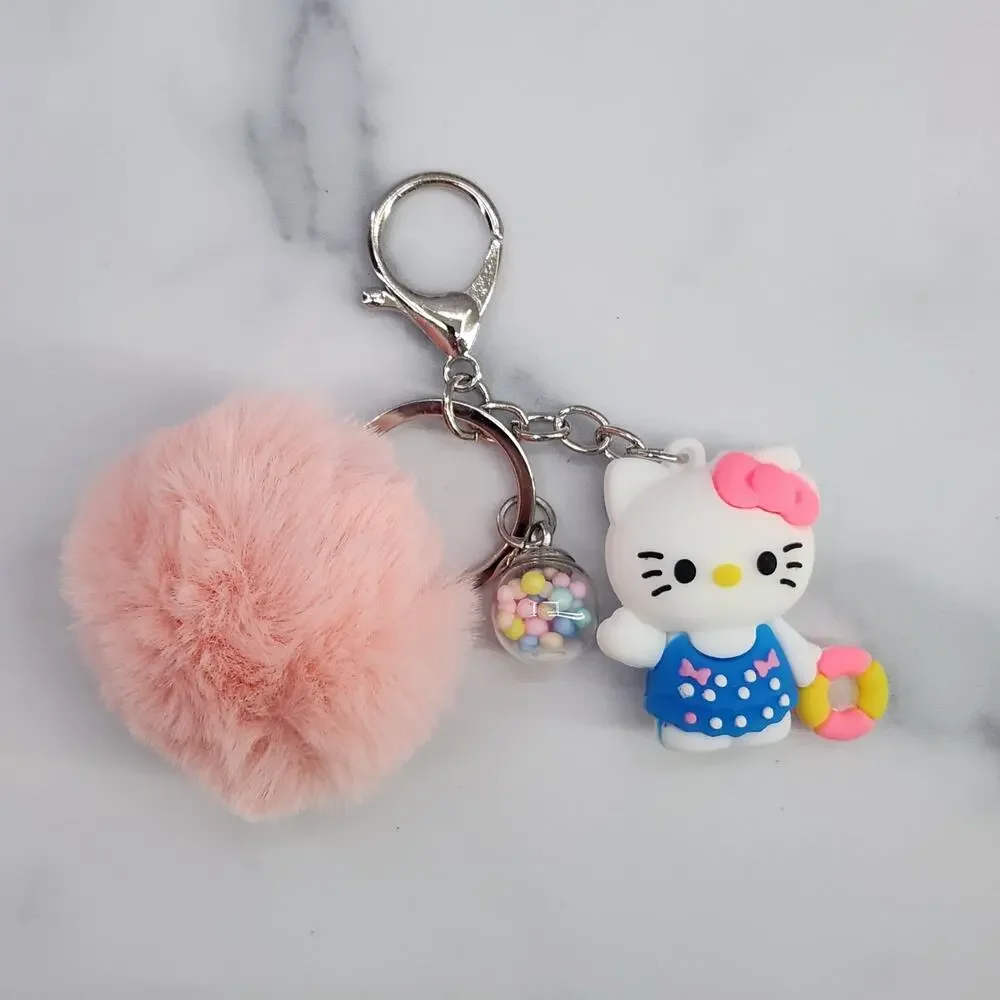 Hello Kitty 3D Figure Keychain, puff ball & mini bead filled bubble Blue & Peach